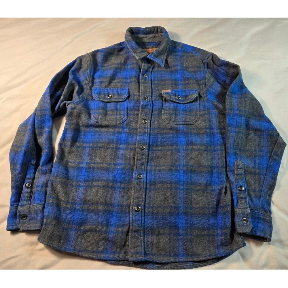 Orvis Flannel Shacket Mens Medium Blue Gray Plaid Long Sleeve w/ Side Pockets